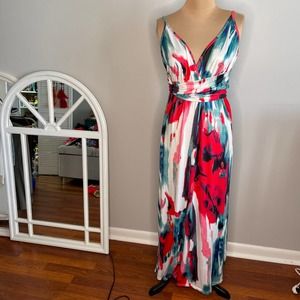 Long Abstract Graphic Print Maxi Dress Small S Grecian Stretchy Packable Travel